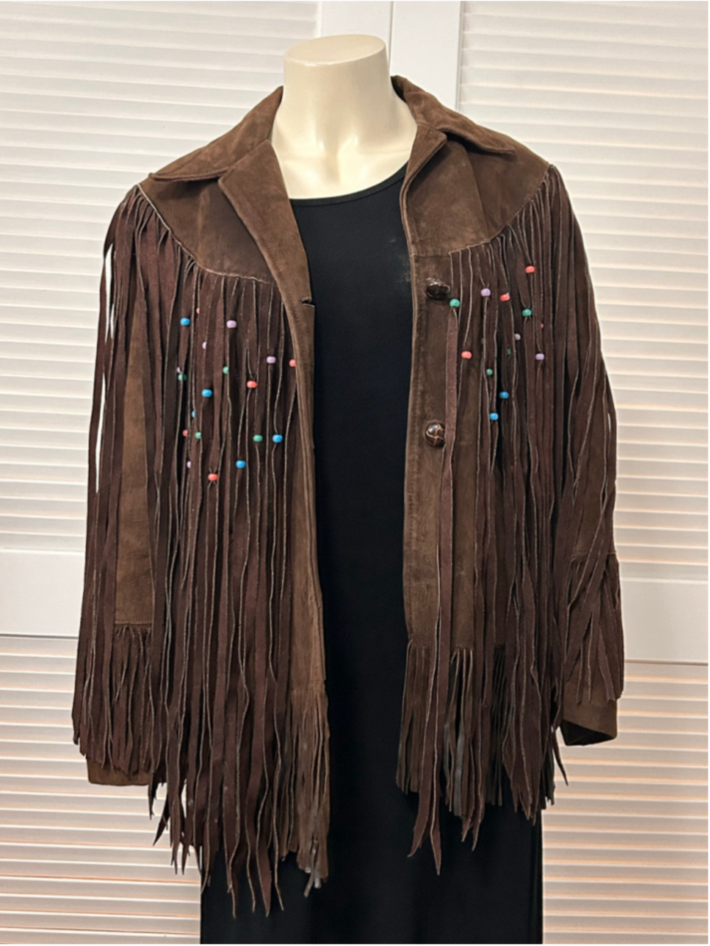 Vintage Pioneer Wear Suede Fringe Beaded Western Boho Jacket Size 14